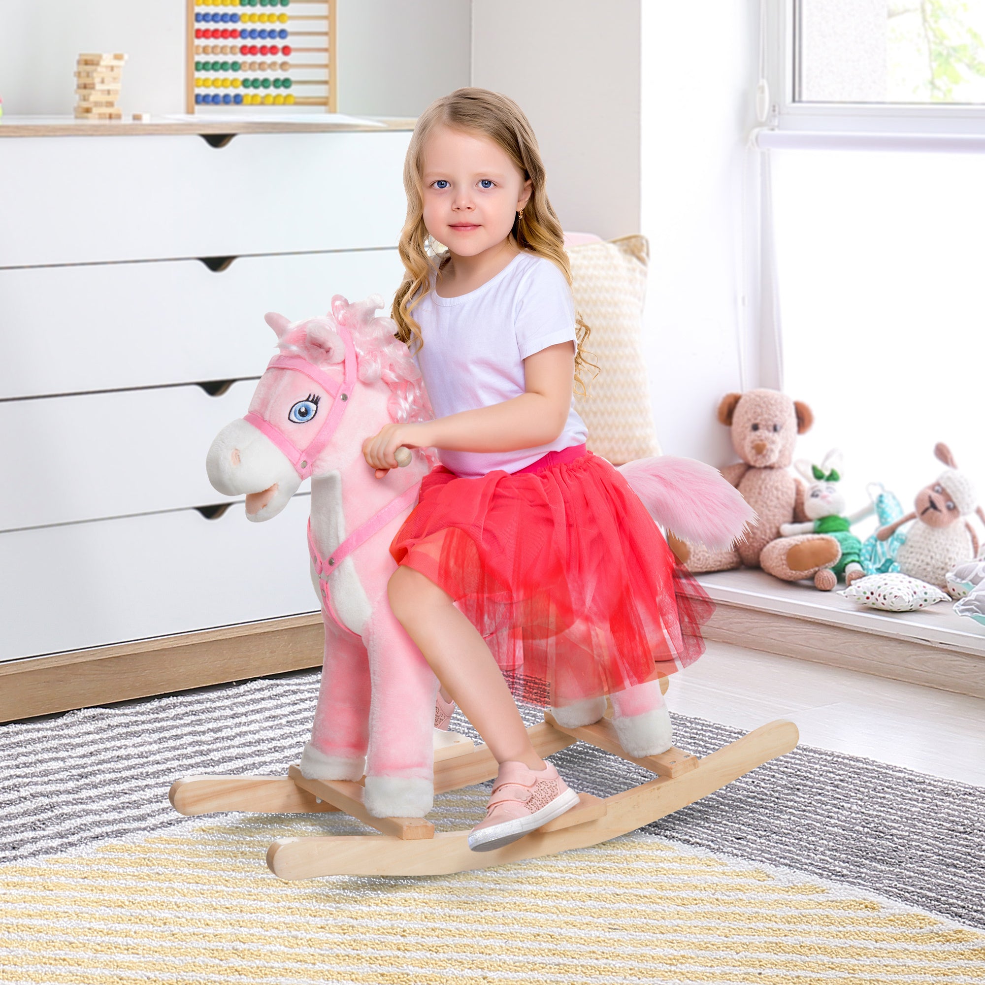 Plush Rocking Horse for Kids – Realistic Sounds, Swinging Tail, Pink (Ages 3+)
