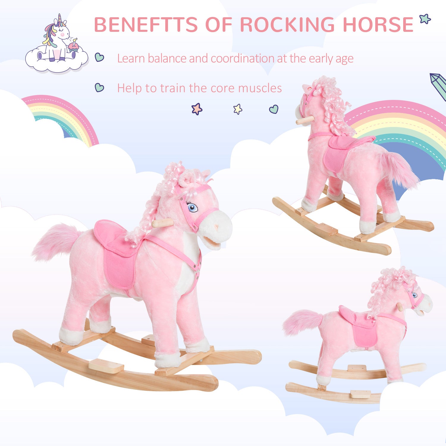 Plush Rocking Horse for Kids – Realistic Sounds, Swinging Tail, Pink (Ages 3+)