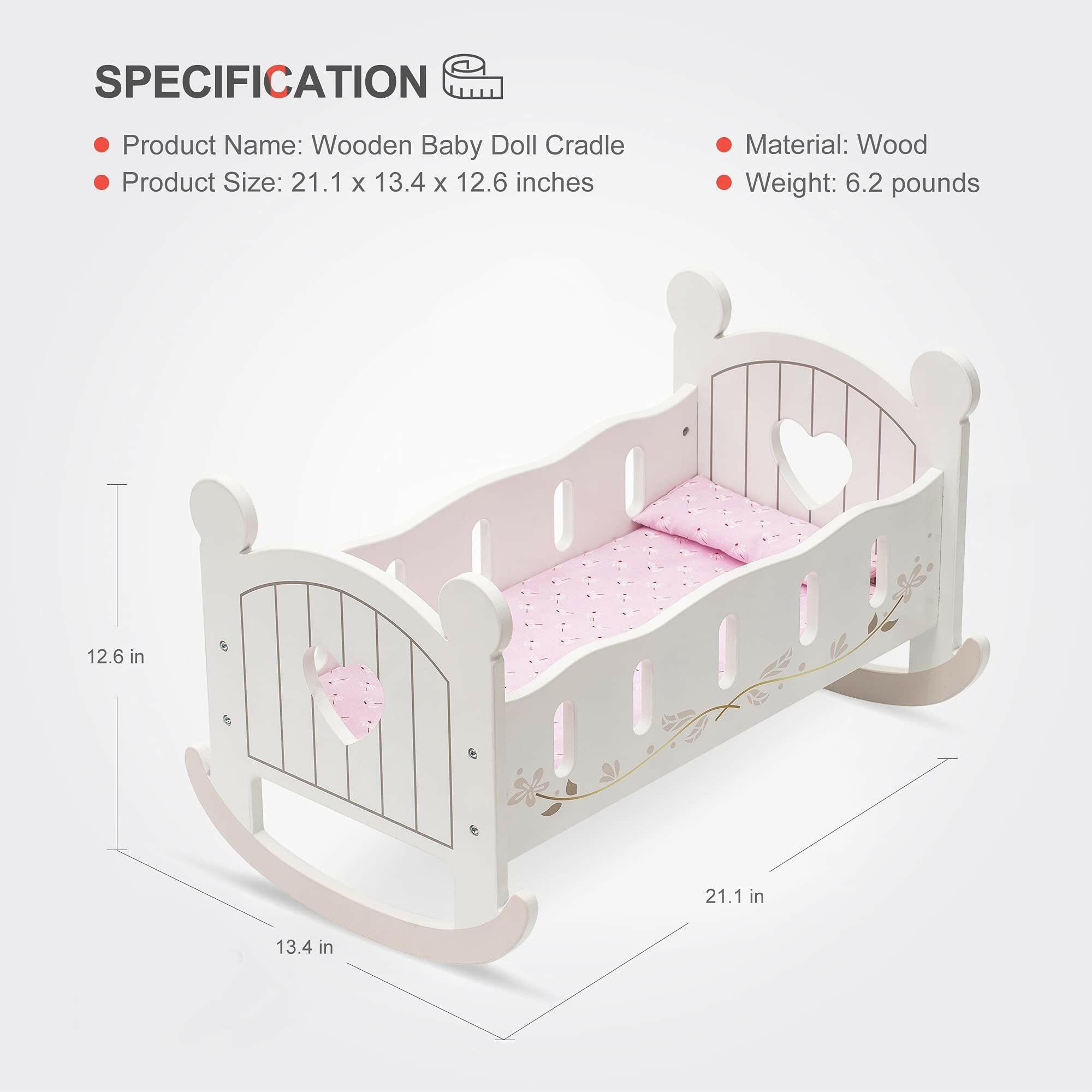 Wooden Doll Cradle & Rocking Baby Doll Bed – Fits Dolls up to 18 Inches