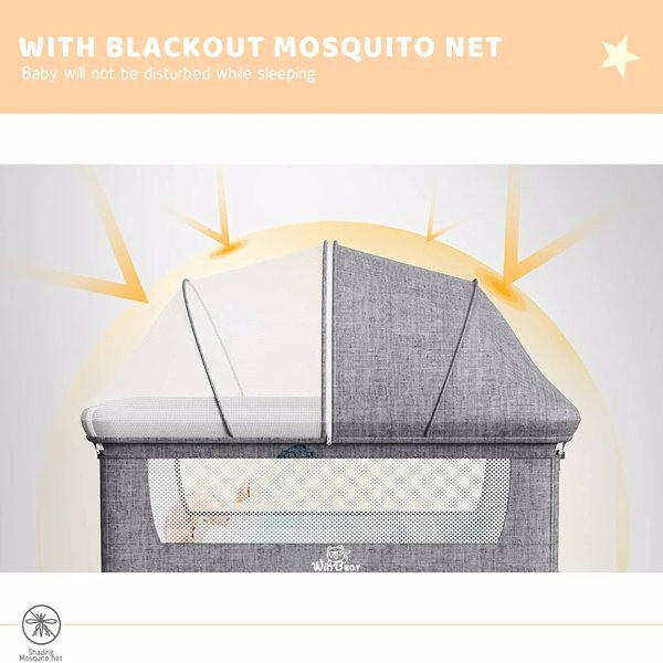 3-in-1 Bedside Crib with Mosquito Net & Storage – Convertible Baby Bassinet (Grey)