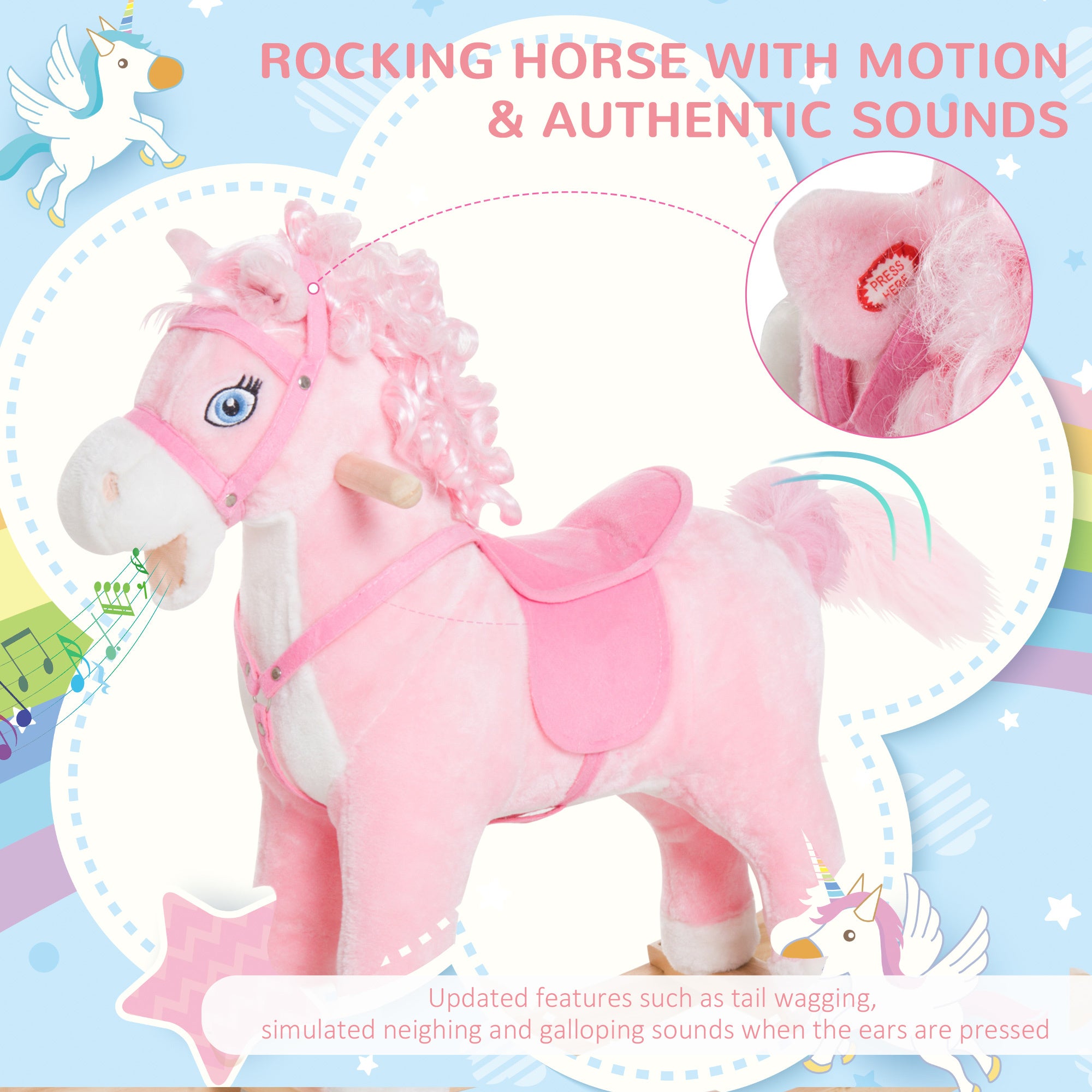 Plush Rocking Horse for Kids – Realistic Sounds, Swinging Tail, Pink (Ages 3+)