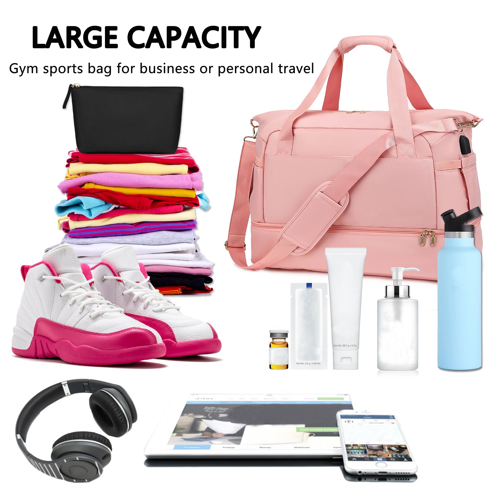Gym Bag for Women – Travel Duffel Bag with USB Port & Wet Pocket