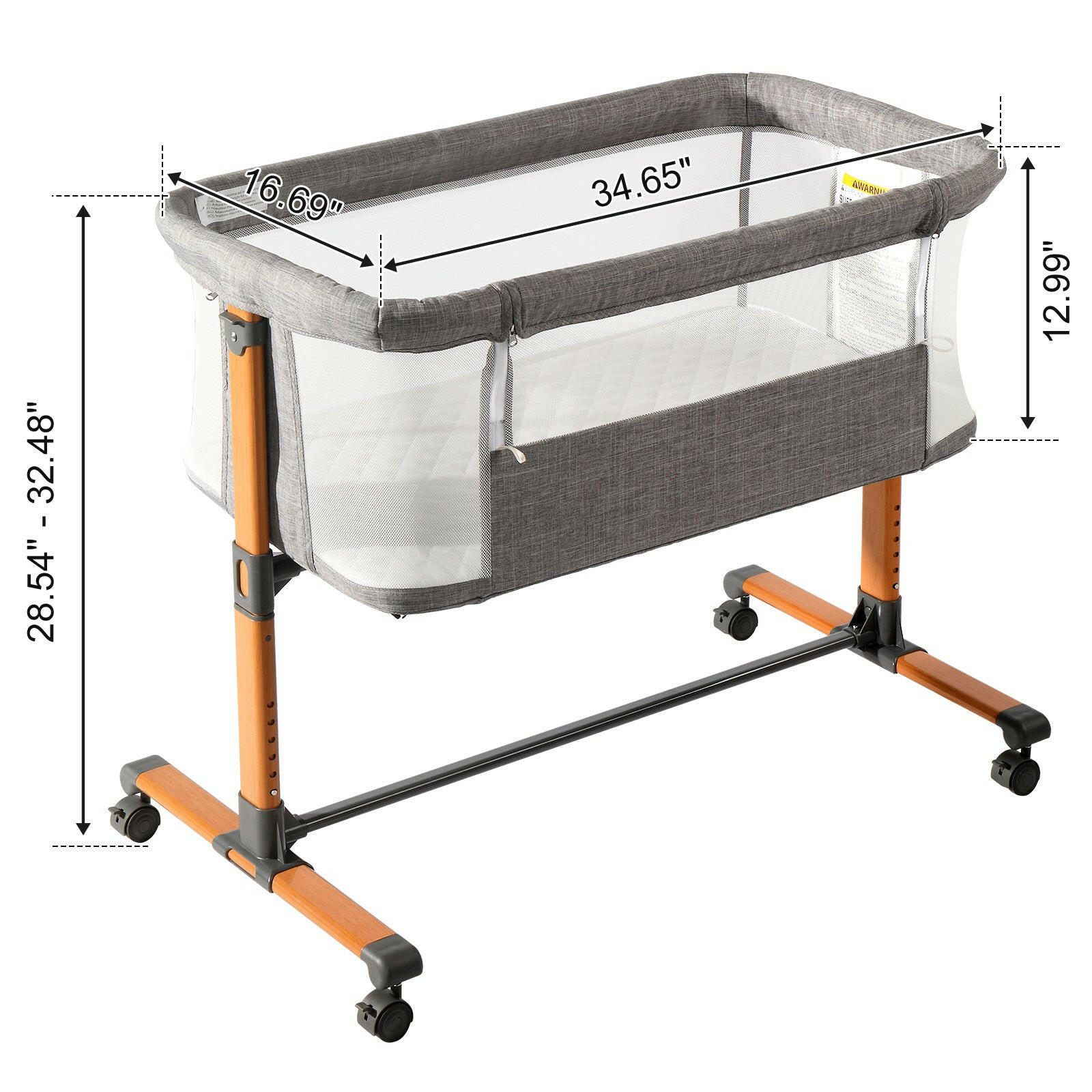 150D Encrypted Cationic Cloth Baby Bassinet Bed – Grey with Wheels