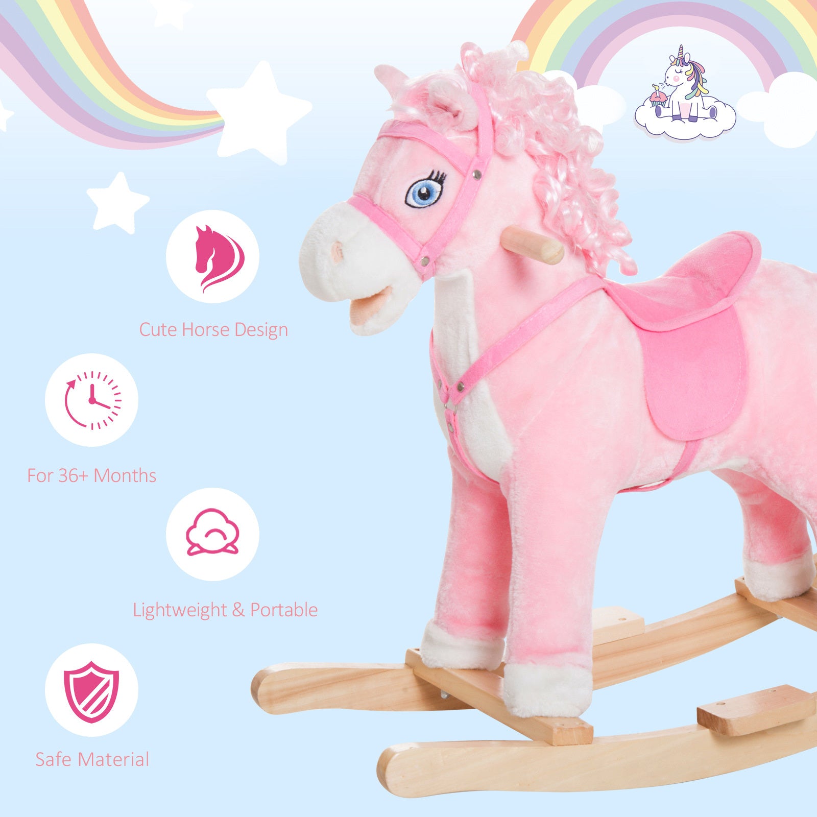 Plush Rocking Horse for Kids – Realistic Sounds, Swinging Tail, Pink (Ages 3+)