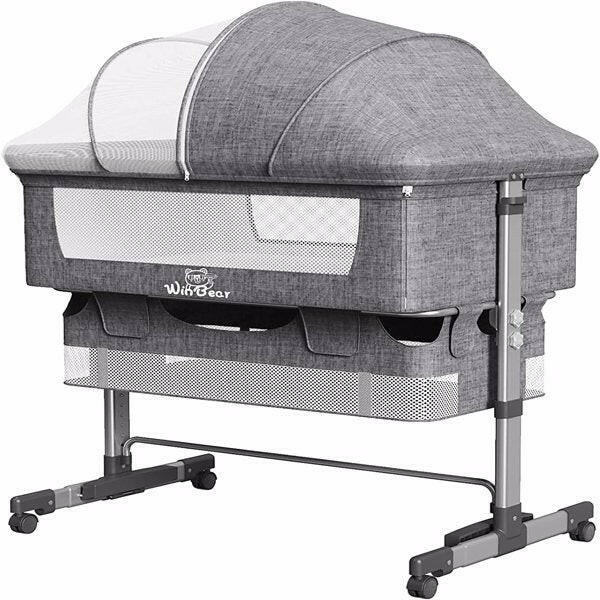 3-in-1 Bedside Crib with Mosquito Net & Storage – Convertible Baby Bassinet (Grey)