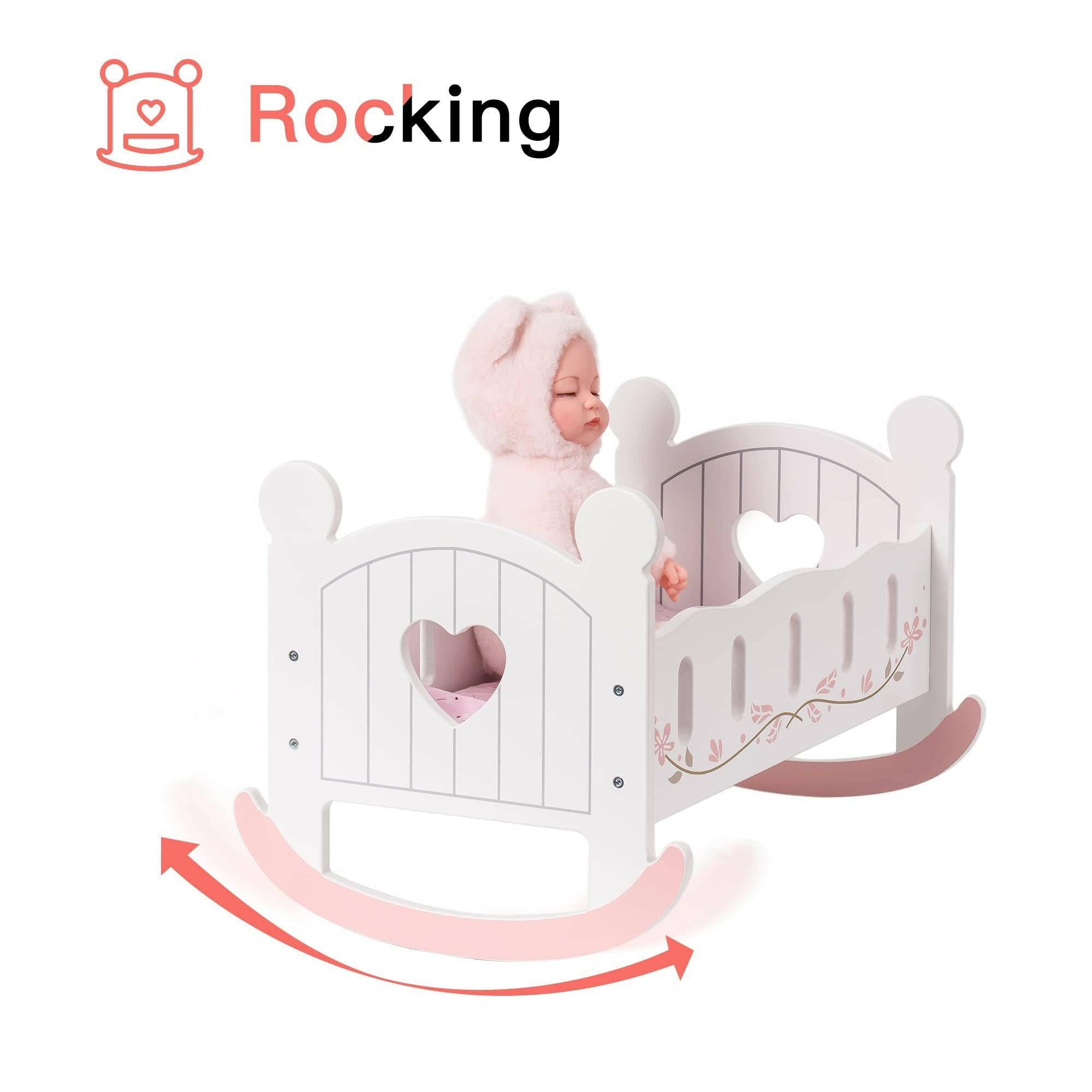Wooden Doll Cradle & Rocking Baby Doll Bed – Fits Dolls up to 18 Inches