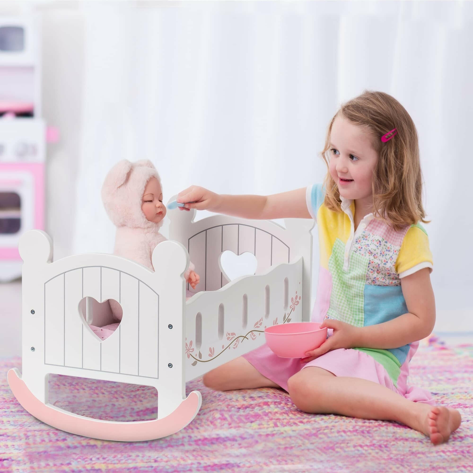 Wooden Doll Cradle & Rocking Baby Doll Bed – Fits Dolls up to 18 Inches