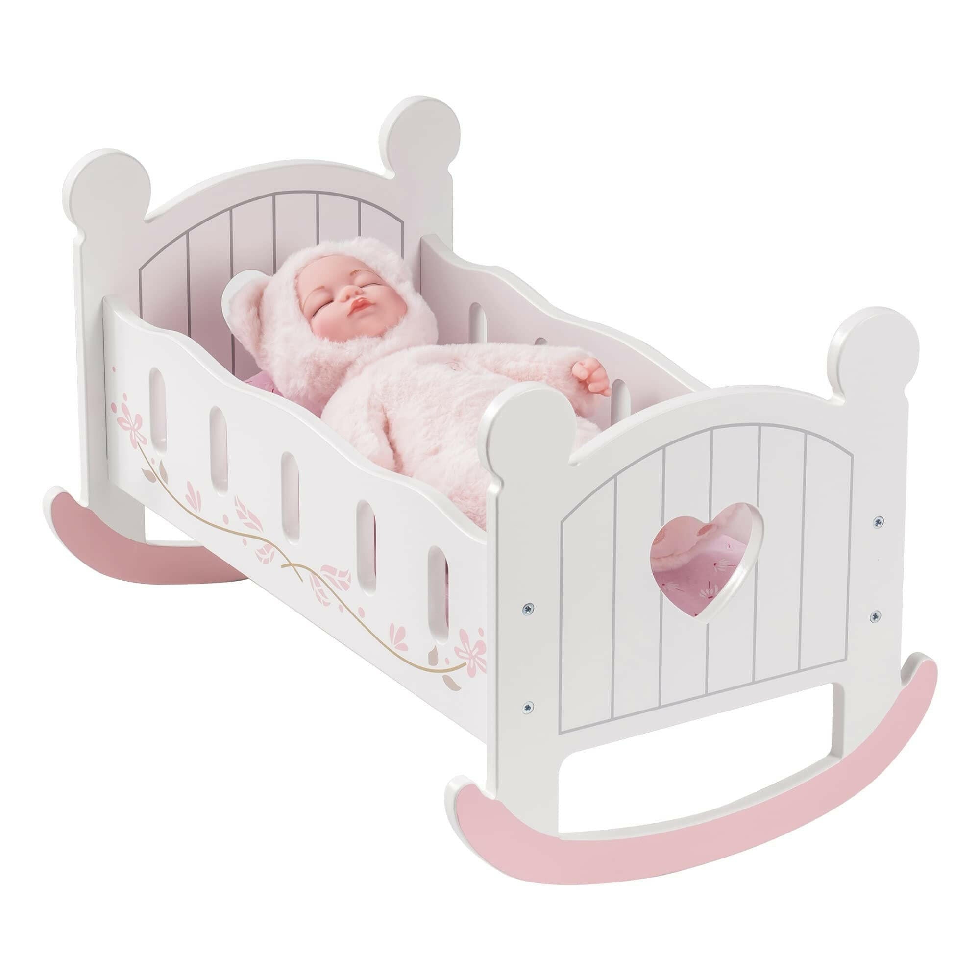 Wooden Doll Cradle & Rocking Baby Doll Bed – Fits Dolls up to 18 Inches