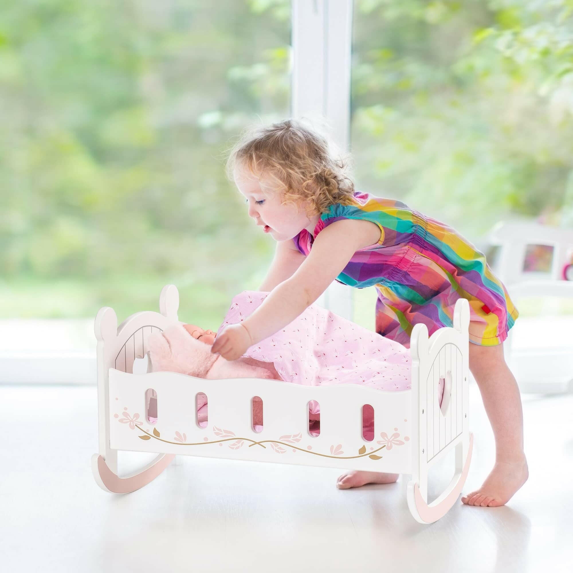 Wooden Doll Cradle & Rocking Baby Doll Bed – Fits Dolls up to 18 Inches